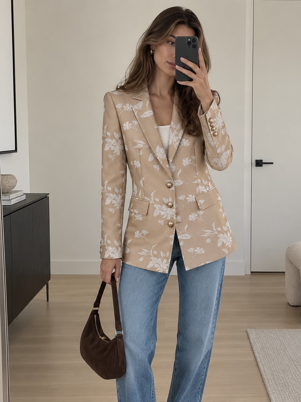 Karl Lagerfeld Paris Beige White Floral Jacquard Tailored Blazer size S